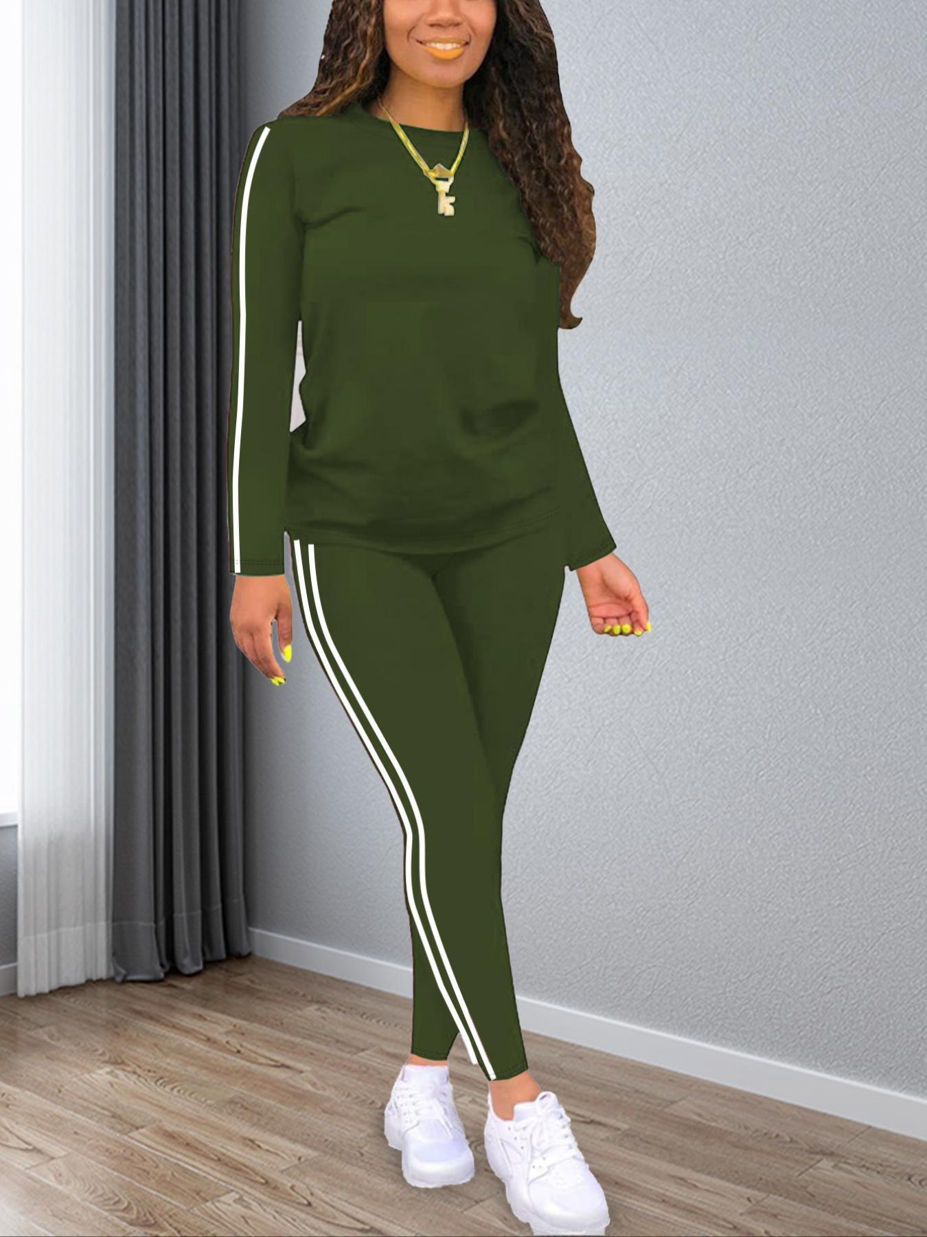 Women's Striped Print Fitted Long Sleeve Knitted Top & Pants Two-piece Set, Casual Style Set Cozy Round Neck Top & Trousers for Daily Outdoor Wear, Ladies Clothes for Spring, Everyday Womenswear Sweater Pant Set Outfit Women's Striped Print Fitted Long Sleeve Knitted Top & Pants Two-piece Set, Casual Style Set Cozy Round Neck Top & Trousers for Daily Outdoor Wear, Ladies Clothes for Spring, Everyday Womenswear Sweater Pant Set Outfit