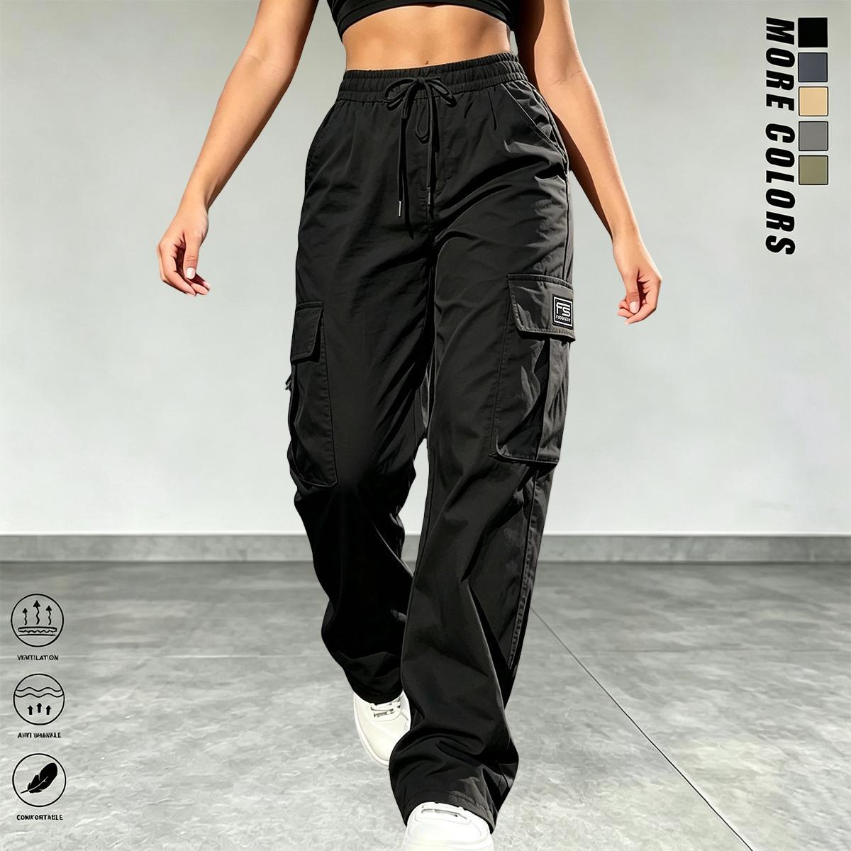 Women&rsquo;s cargo pants: casual, elastic waist, Bohemian minimalist basic women&rsquo;s trousers with pockets; suitable for summer outfits, vacations, and beachwear; sporty casual style; comfortable loose fit; casual drawstring high-waist pants; loose and comfortab