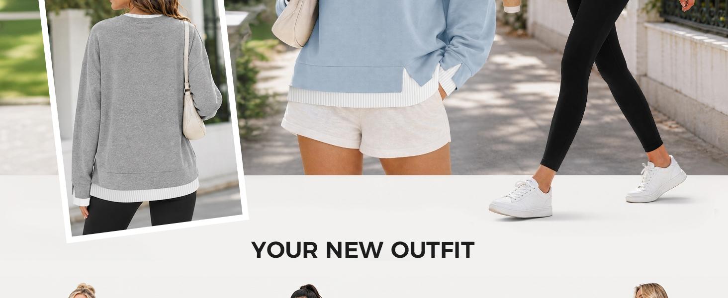 Fisoew Women's Fake Two Piece Layered Sweatshirt Air Layer Fabric Hoodie Crew Neck White Ribbed Cuff & Hem Patchwork Drop Shoulder Oversized Long Sleeve Pullover Top Hoodie Fit Casual,back to school,back to school shopping