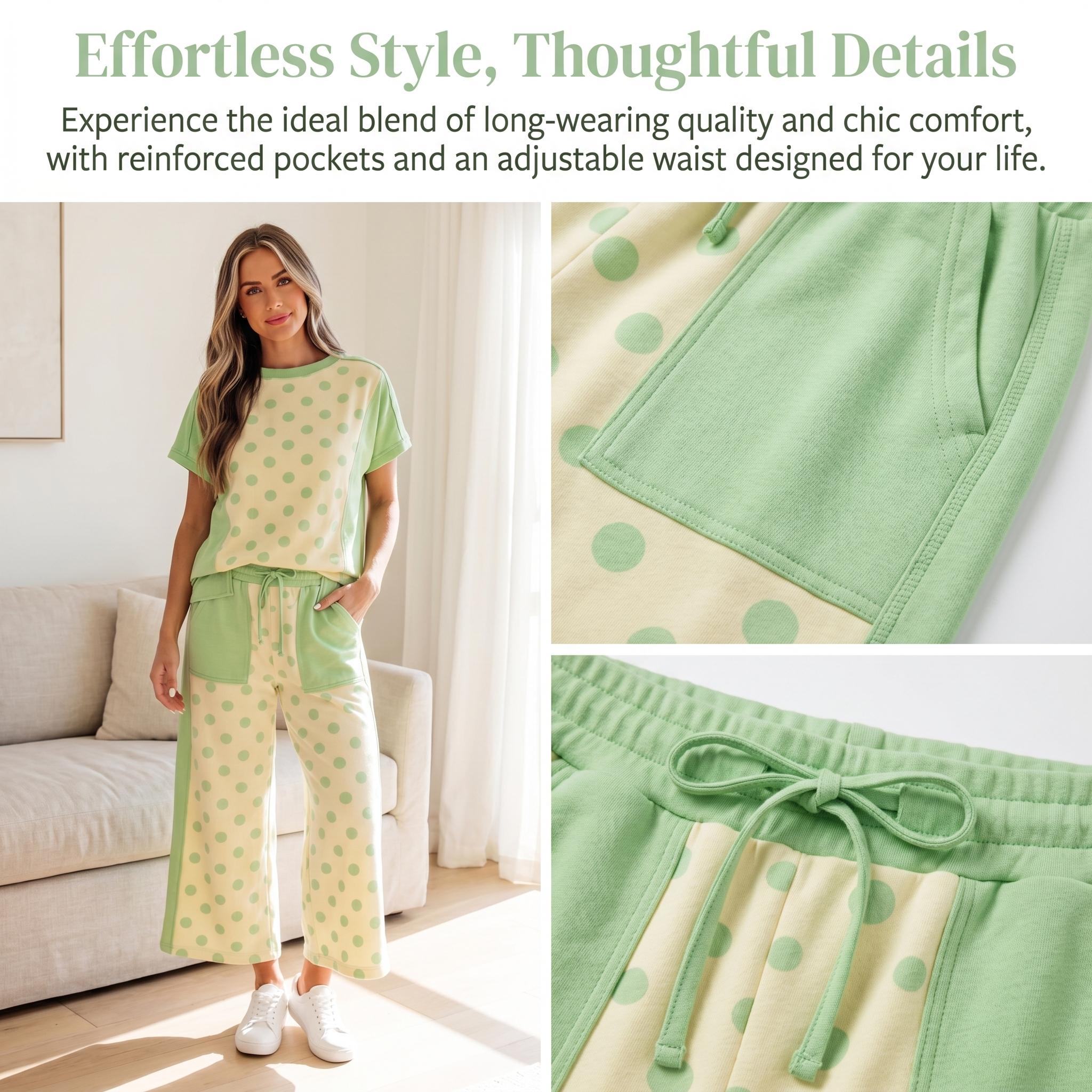 Women's Lounge Set | Cute 2-Piece Trendy Clothing Sets with a Color Block Polka Dot Crew Neck Tshirt and Wide Leg Drawstring Pants, 2 Piece Sets Women's Lounge Set | Cute 2-Piece Trendy Clothing Sets with a Color Block Polka Dot Crew Neck Tshirt and Wide Leg Drawstring Pants, 2 Piece Sets