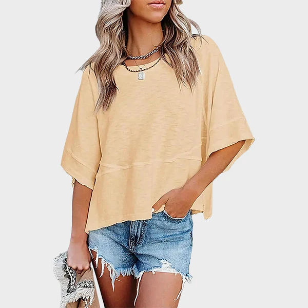 Panel Solid Color Flared Sleeve T-Shirt
