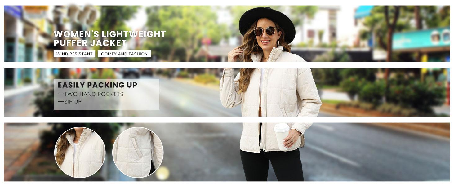 UANEO Women's Quilted Puffer Jackets Lightweight Zipper Short Padded Coat With Pockets TikTokShopBlackFriday Long Sleeve