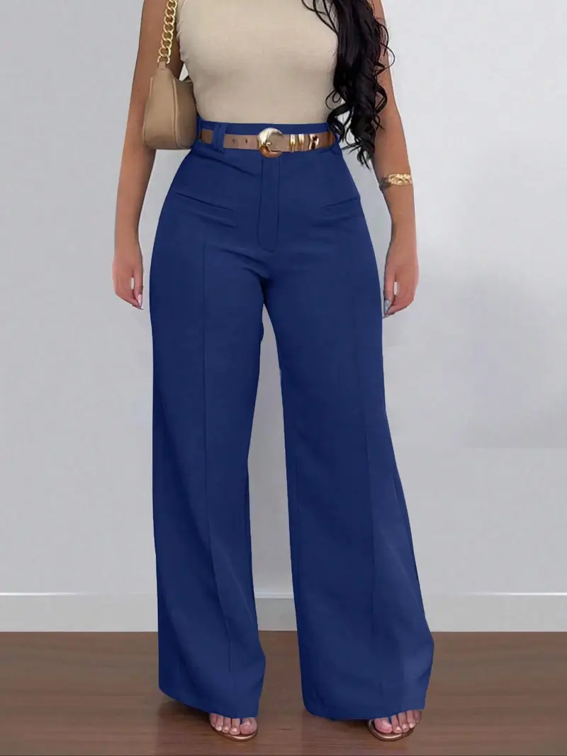 Women's Solid-Color Wide-Leg Stretch Knit Pants with Pockets