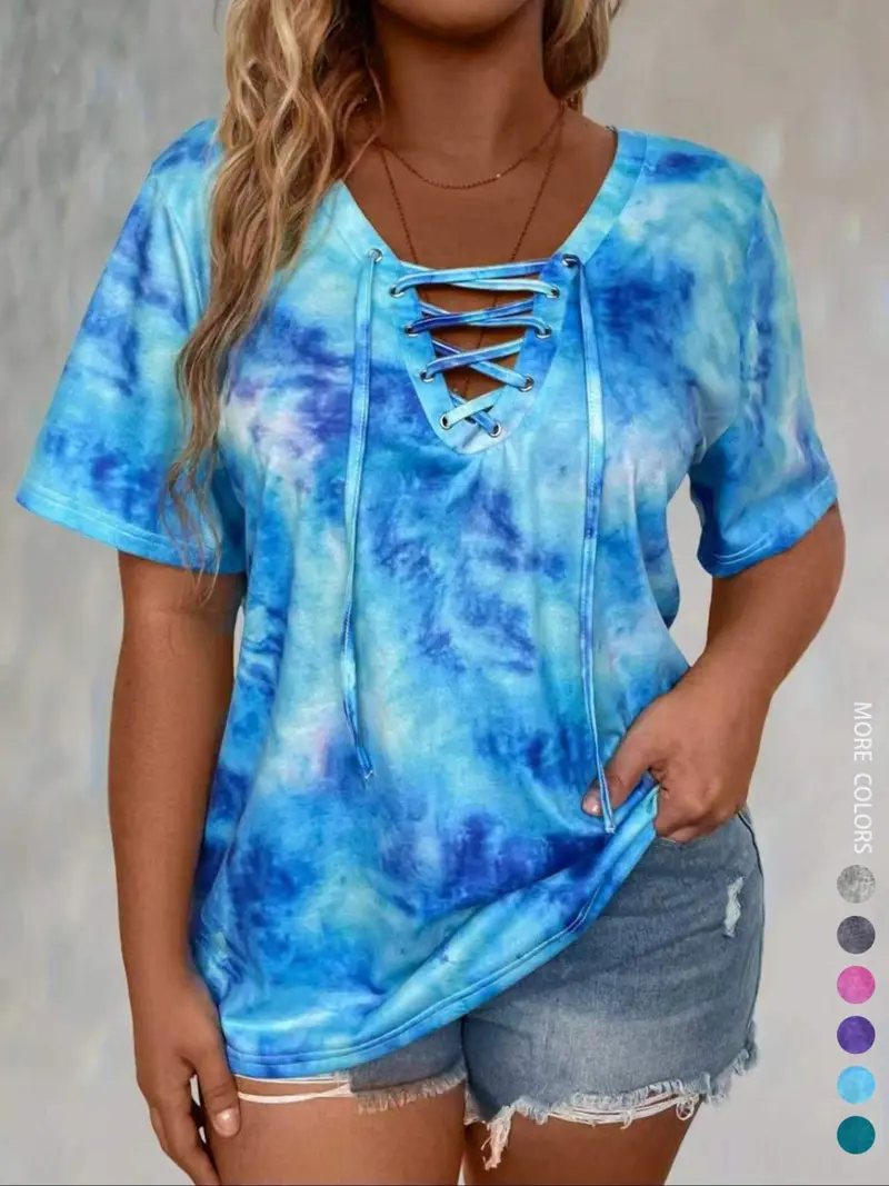 Women's Plus-Size Front-Lace-Up V-Neck T-Shirt