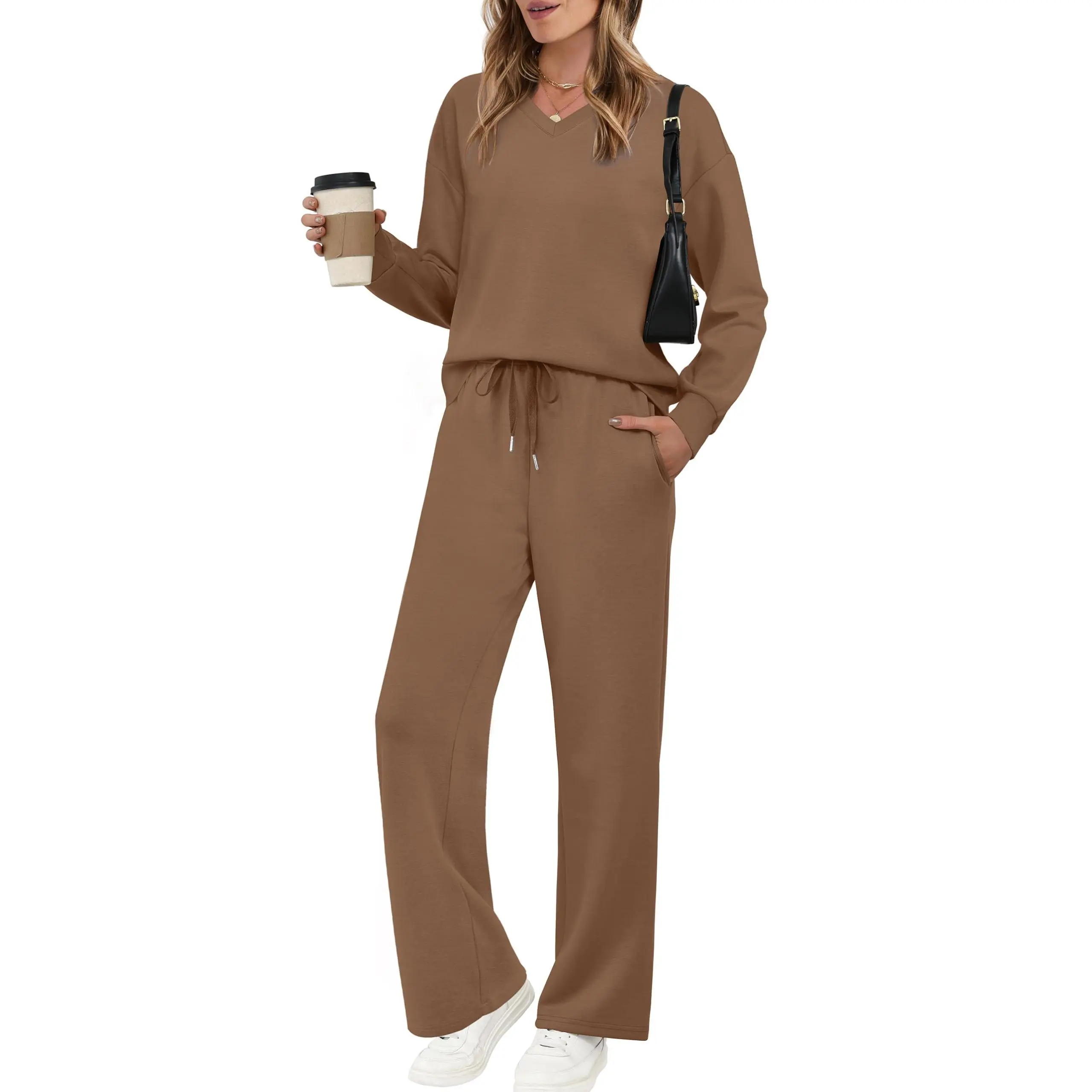 Women's Casual Two-Piece Set (V-Neck Top + Wide-Leg Pants)