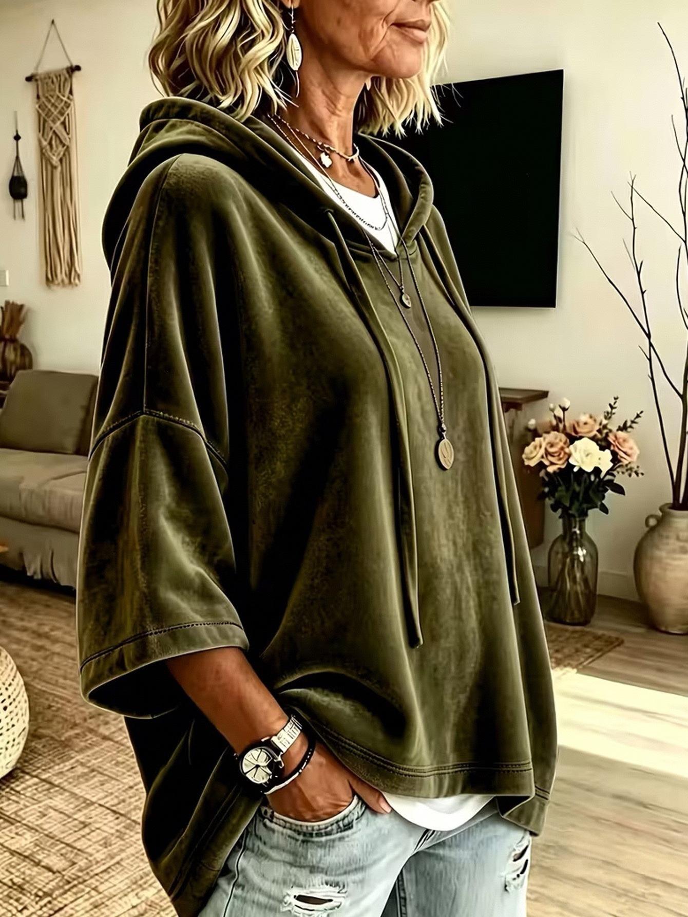 Women’s Minimalist Velour Hoodie - Loose Fit, 3/4 Sleeves, Adjustable Hood, Straight Hem, Velvet Texture, Soft Solid Color, Casual Pullover for Fall Winter Lounge & Streetwear Women’s Minimalist Velour Hoodie - Loose Fit, 3/4 Sleeves, Adjustable Hood, Straight Hem, Velvet Texture, Soft Solid Color, Casual Pullover for Fall Winter Lounge & Streetwear