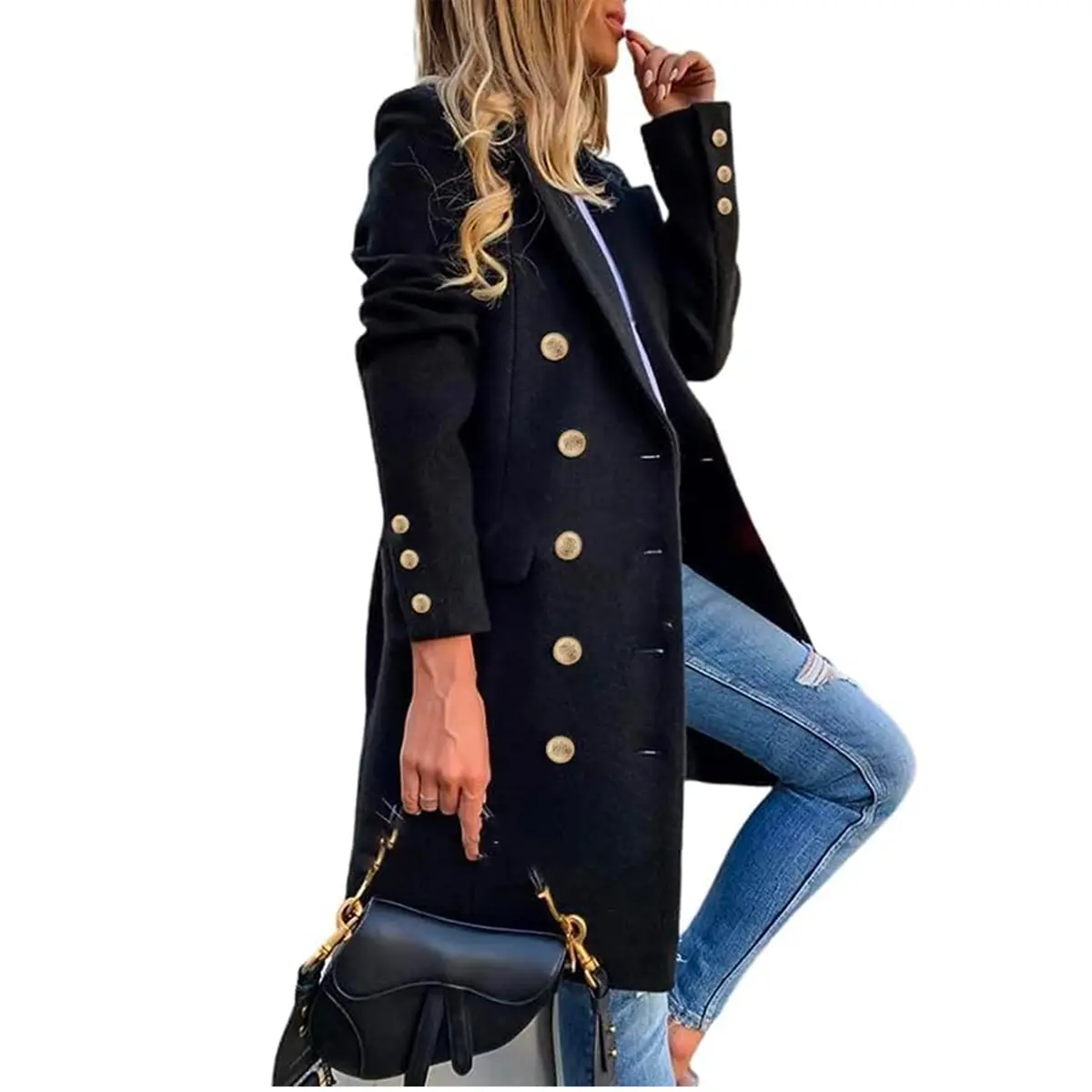 Women's Slim-Fit Double-Breasted Wool-Blend Mid-Length Coat