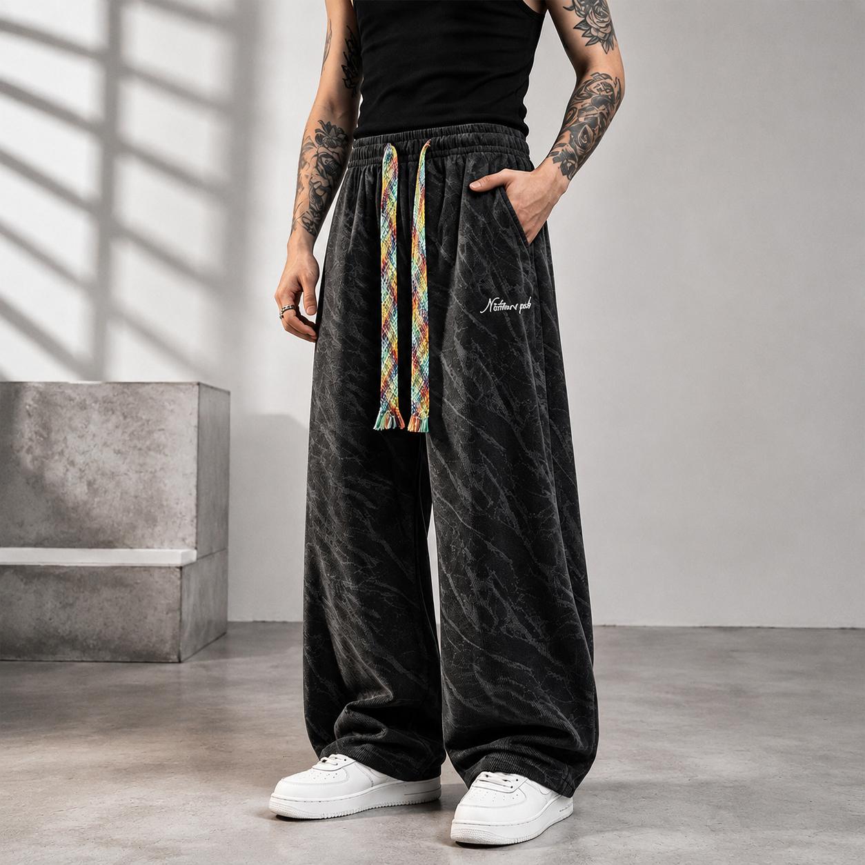 Unisex wide-leg athletic pants with marble texture, street-style running/basketball long pants featuring multicolor drawstrings and embroidered logo, summer edition Unisex wide-leg athletic pants with marble texture, street-style running/basketball long pants featuring multicolor drawstrings and embroidered logo, summer edition