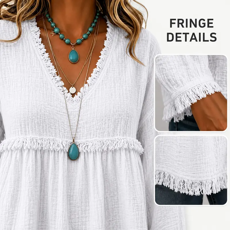 Women's Bohemian V-Neck Long-Sleeve Tassel Top