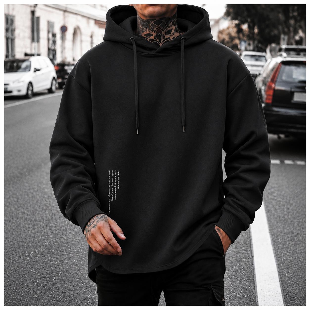Men&rsquo;s casual minimalist hooded knit sweatshirt with letter print design; comfortable, skin-friendly fabric that is breathable&mdash;suitable for outdoor leisure, home life, daily commuting, and trendy everyday outfits.