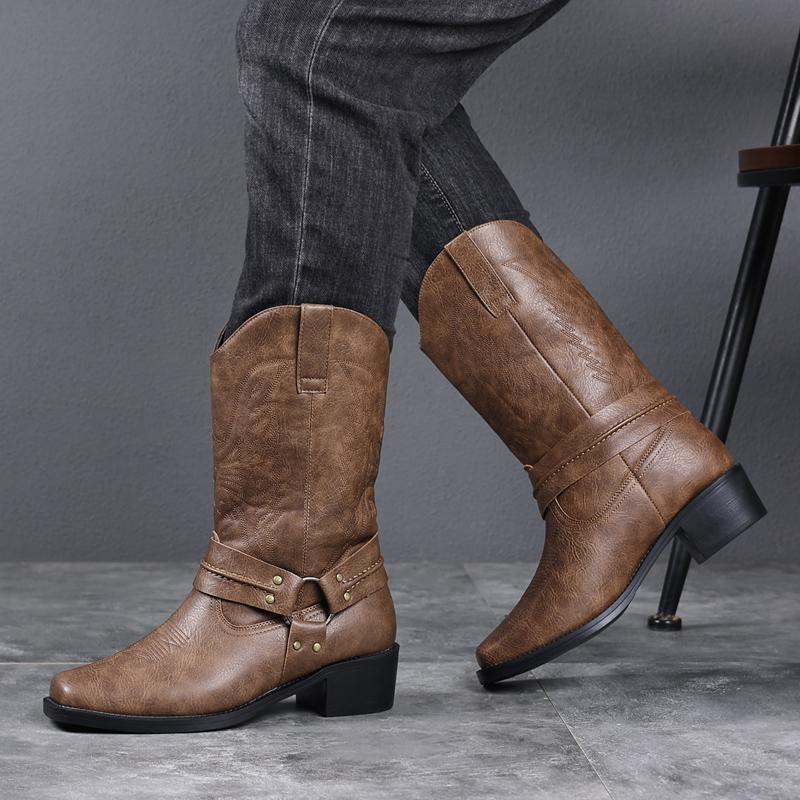Men's Cowboy Style Footwear, Embossed PU Western Ankle Booties with Strap and Buckle, Low Heel Casual Walking Shoes, Ankle Strap