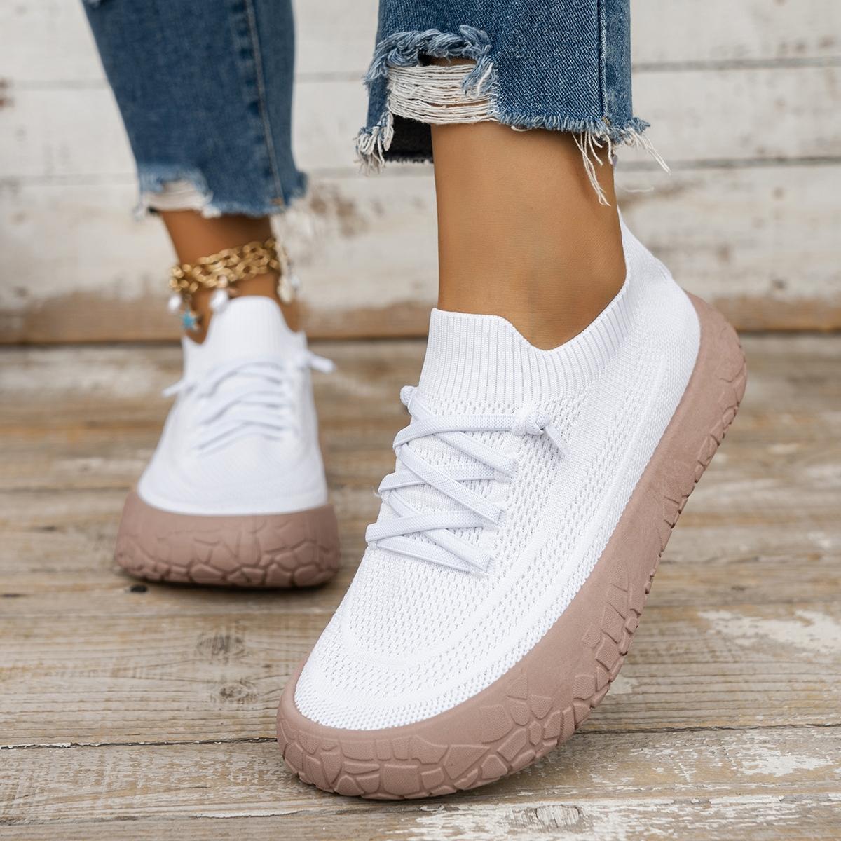 Women's Flyknit Breathable Slip-On Casual Rubber Shoes, Thick-Sole Anti-Slip Walking Flats, Multi-Color Options for Spring Footwear