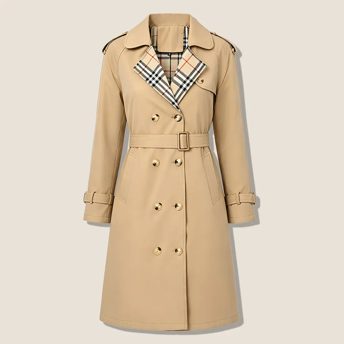 Women’s Trench Coat, Double-Breasted, Plaid Lining