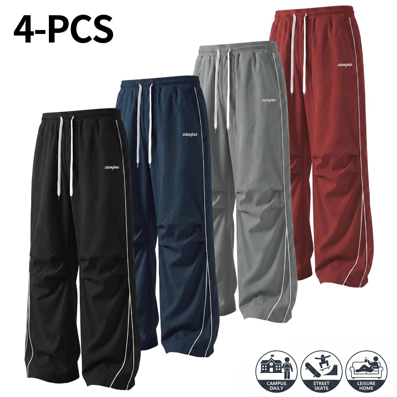 4-Pack American High Street Style Men&rsquo;s Athletic Joggers &ndash; Comfortable, skin-friendly fabric men&rsquo;s wide-leg pants featuring side seams and exposed stitching, plus knee pleats for a relaxed, effortless look; suitable for both men and women and ideal for an