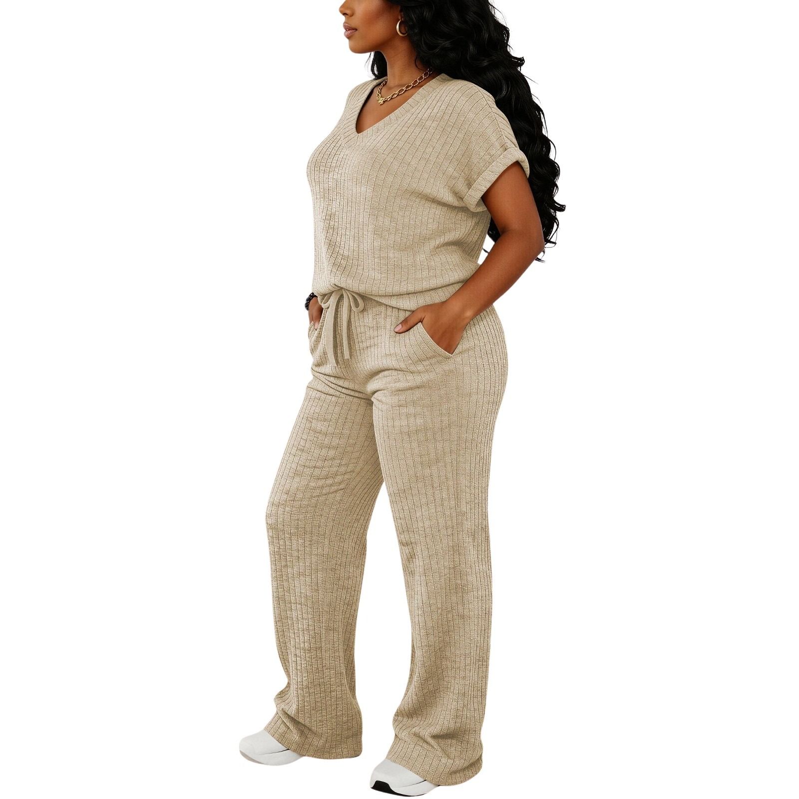 MOEENCN Women's Ultra-Soft Brushed Ribbed Knit 2-Piece Loungewear Set, V-Neck Top & High Waist Wide Leg Pants with Pockets for Lazy Days & Brunch summerwins Womenswear Clothes Suits MOEENCN Women's Ultra-Soft Brushed Ribbed Knit 2-Piece Loungewear Set, V-Neck Top & High Waist Wide Leg Pants with Pockets for Lazy Days & Brunch summerwins Womenswear Clothes Suits