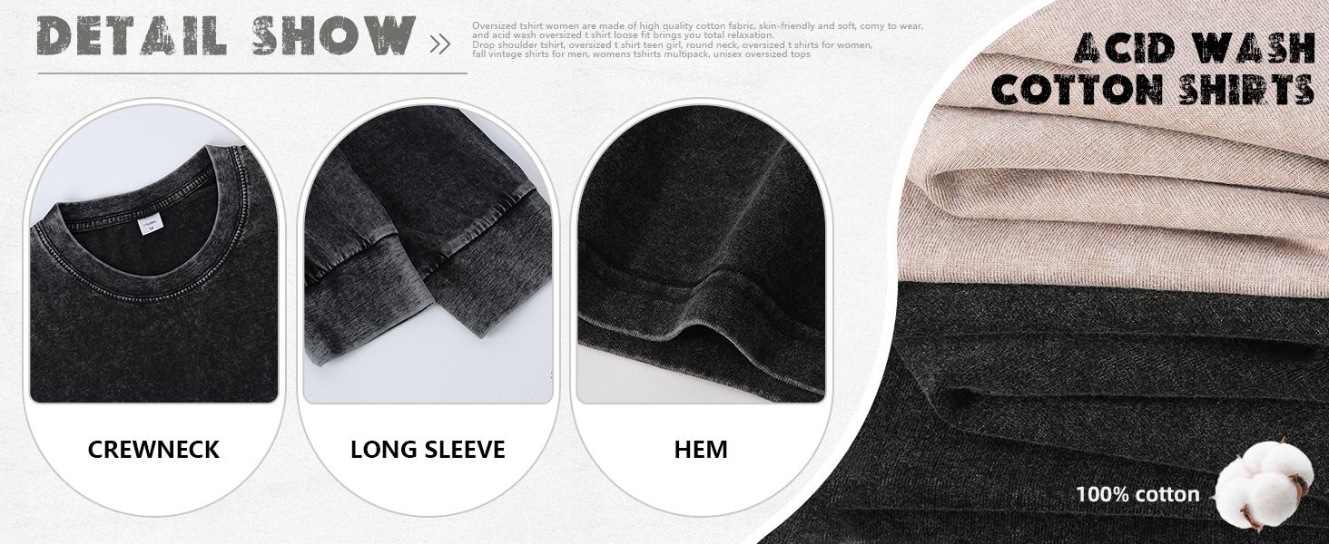 Arssm 3-Pack Unisex Long Sleeve T-Shirt &ndash; Vintage Acid Wash Baggy Cotton Tee for Streetwear, Casual Outfits & Layering