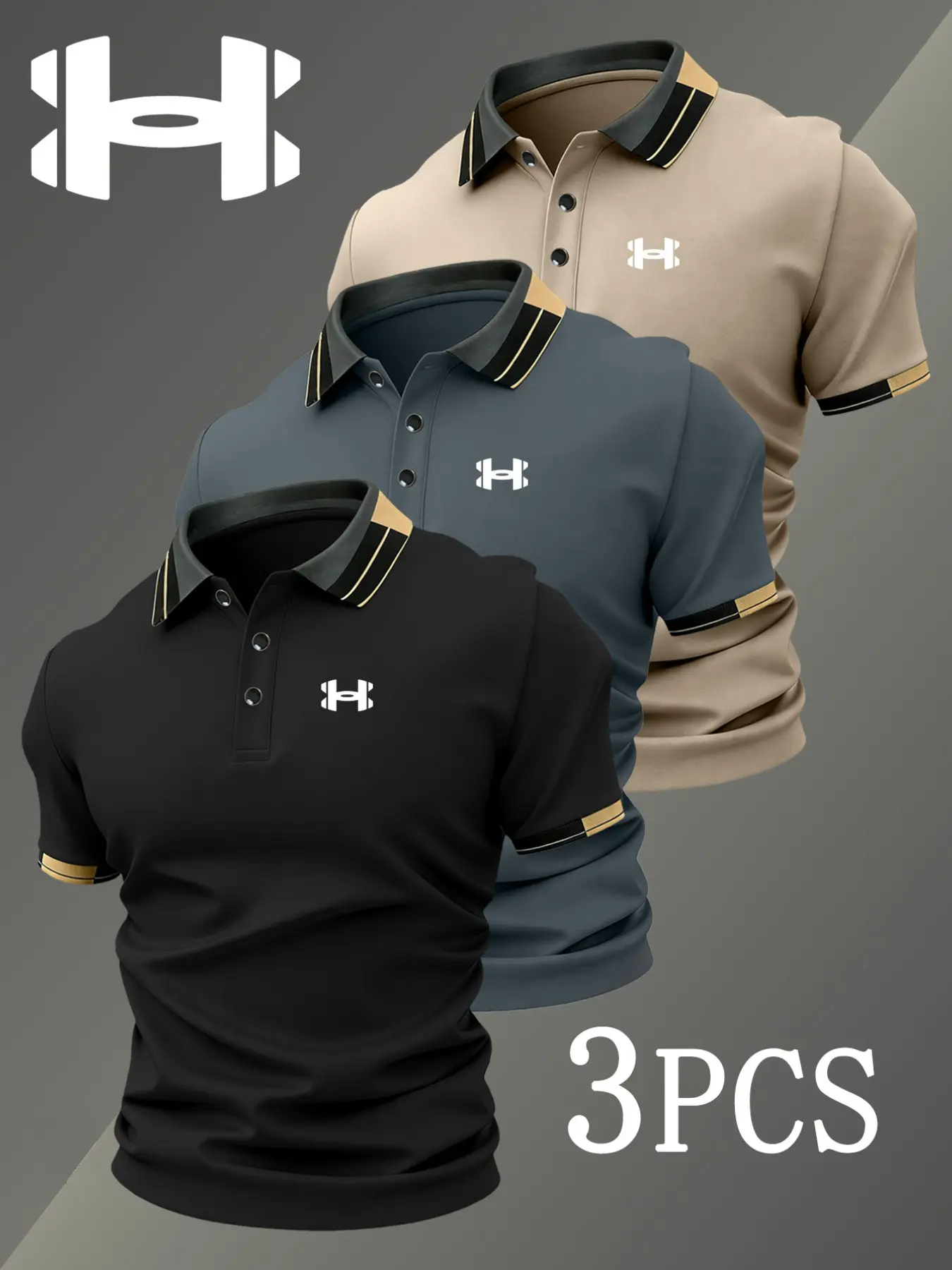 Men's Golf Polo Shirts Set with Logo Print and Geometric Pattern