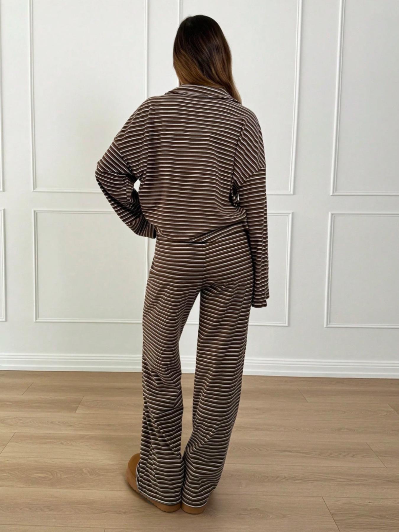 Women's 2pcs Set Loose Striped V-Neck Drop Shoulder Long Sleeve T-Shirt &Elastic Waist Striped Pants, Brown, Casual Sets For Women, Pajamas Set, Loungewear, Casual Sets For Women Brown Two Piece Set Women