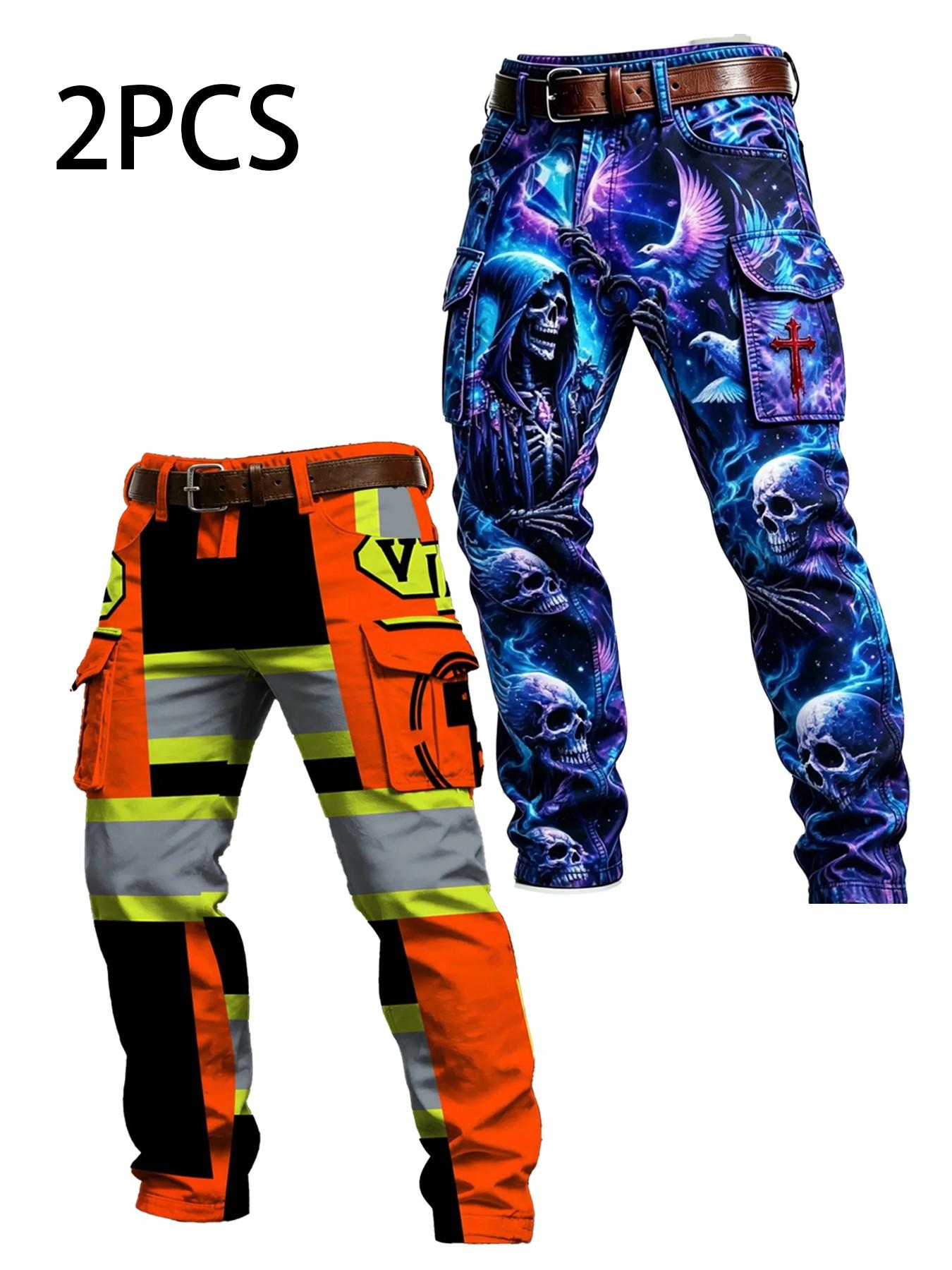 Patchwork High Visibility Full Print Cargo Pants, Emergency Rescue Workwear, Multi-Pocket Casual Long Pants, Man