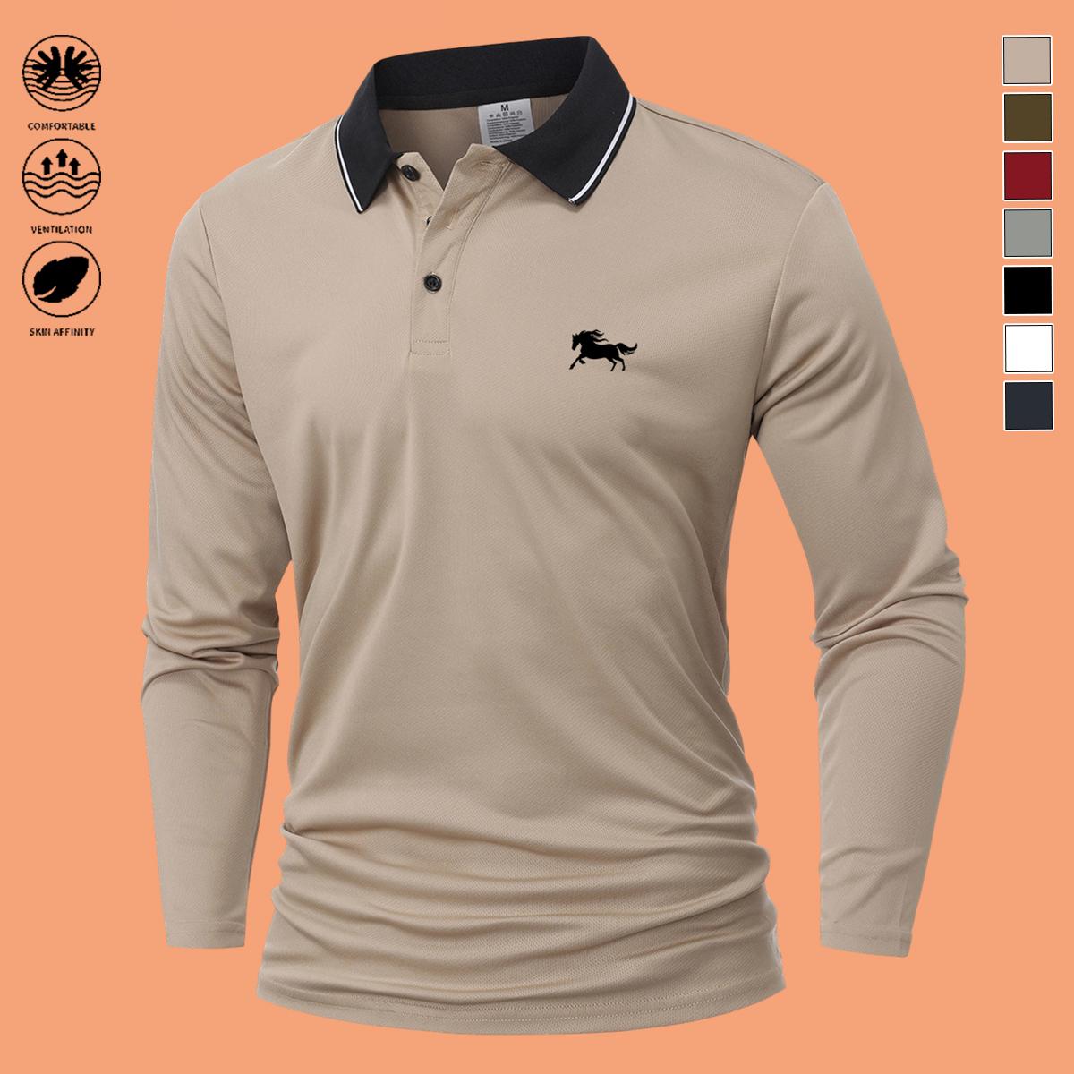 Men's 7-Pack Polyester Polo Shirts - Casual Long-Sleeve Clothes with Small Chest Horse Print, Contrasting Turn-Down Collar, for Spring/Autumn Golf & Outdoor Activities Men's 7-Pack Polyester Polo Shirts - Casual Long-Sleeve Clothes with Small Chest Horse Print, Contrasting Turn-Down Collar, for Spring/Autumn Golf & Outdoor Activities