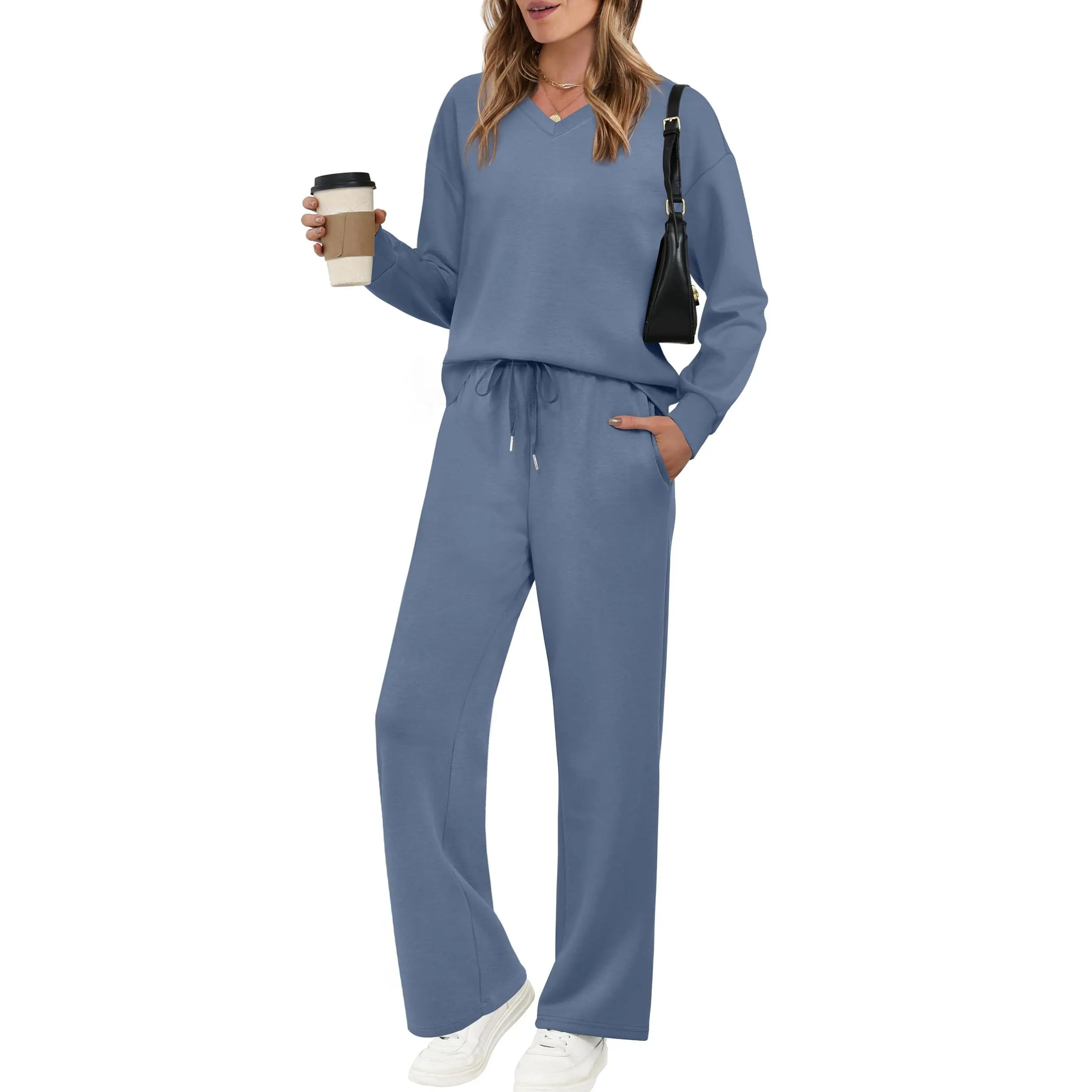 Women's Casual Two-Piece Set (V-Neck Top + Wide-Leg Pants)