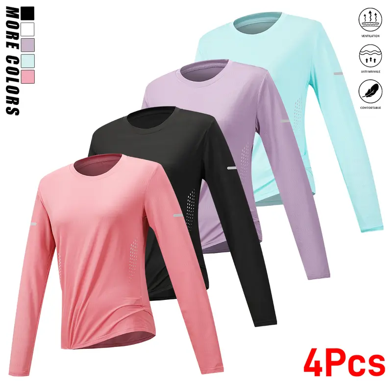 Women's Solid-Color Long-Sleeve Polyester Athletic Crew-Neck Shirt