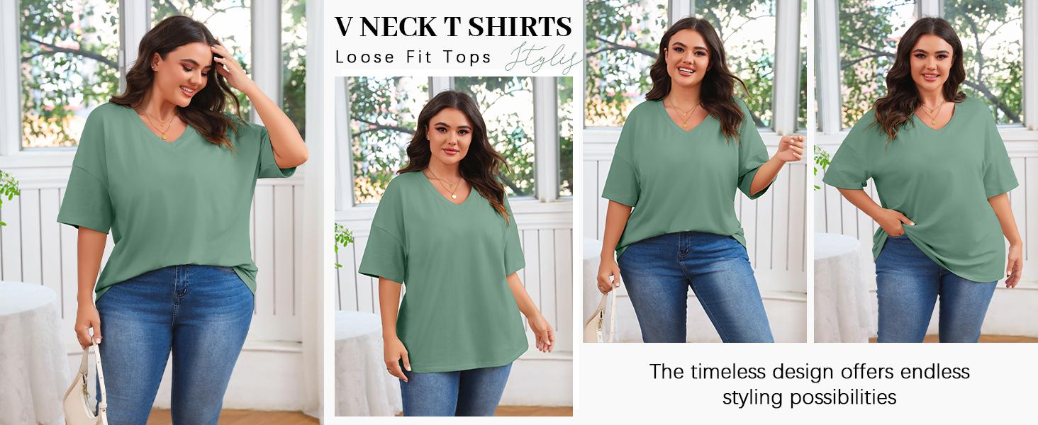 Tankaneo  Women's Plus Size V Neck T Shirts Summer Half Sleeve Tees Casual Loose Fit Cotton Tunic Tops