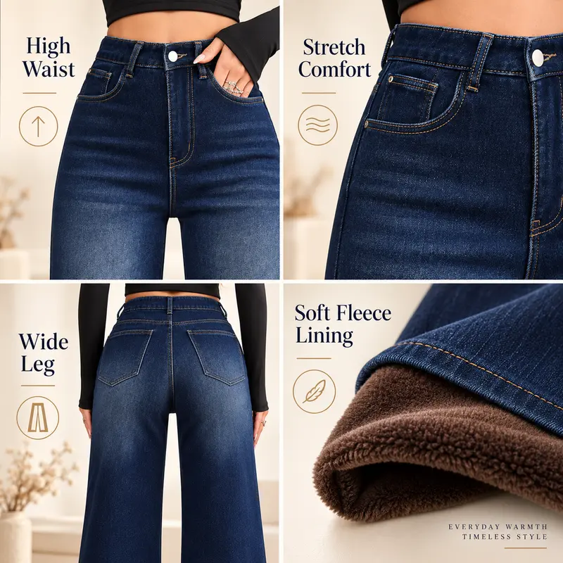 Four-panel view showing high waist, stretch comfort, wide-leg cut and fleece lining