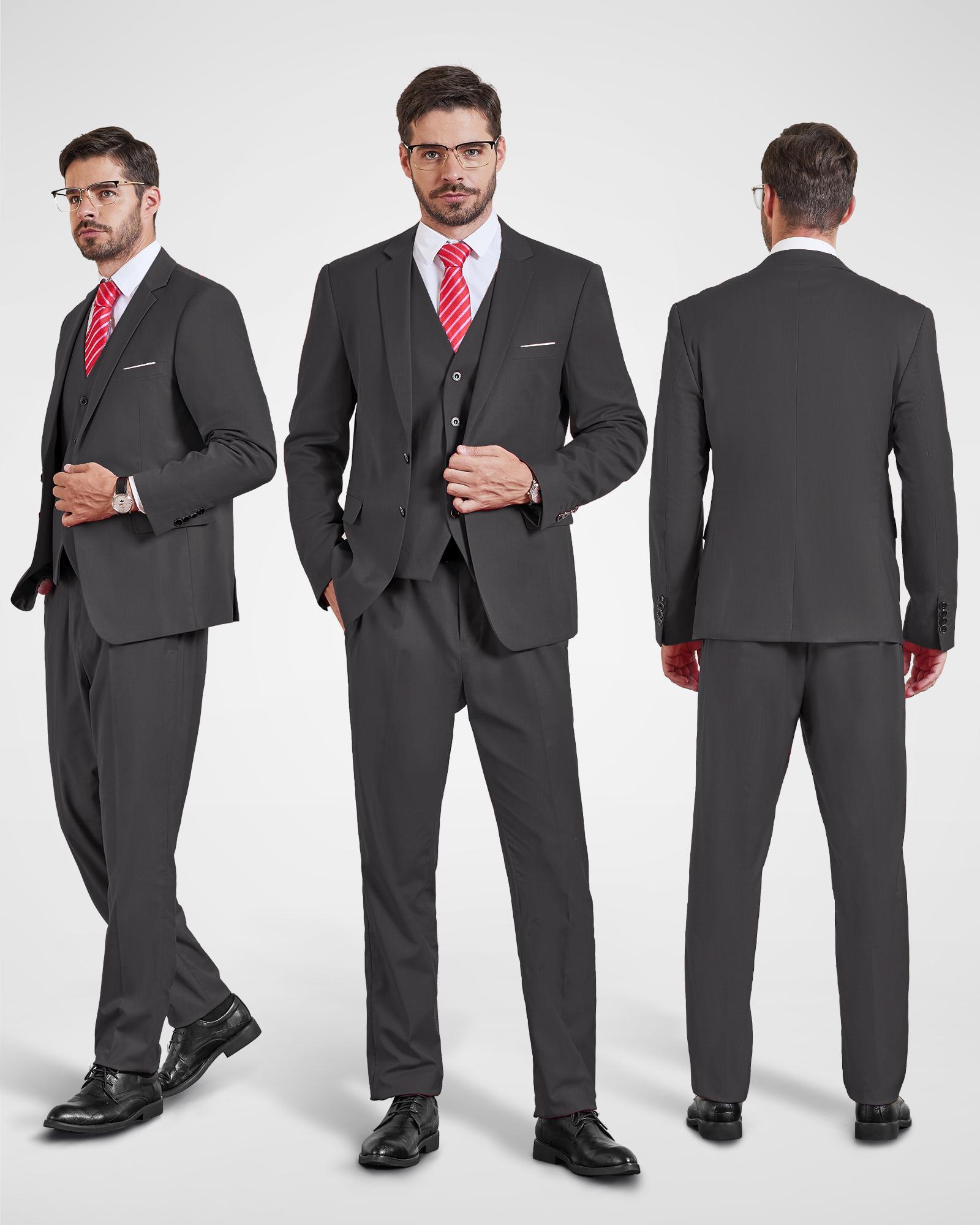 YND Men's 3-Piece Long Sleeve Formal Suit Set - Menswear Formal Wear Fashion Apparel Outfits with Vest, Pants, Tie for Wedding, Business Groom Tuxedo (Beige, Black)