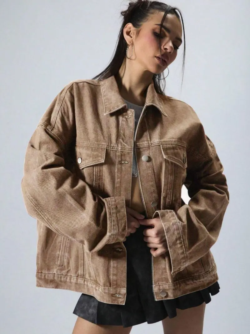 Women's Solid-Color Button-Front Slim-Fit Denim Jacket with Drop Shoulders