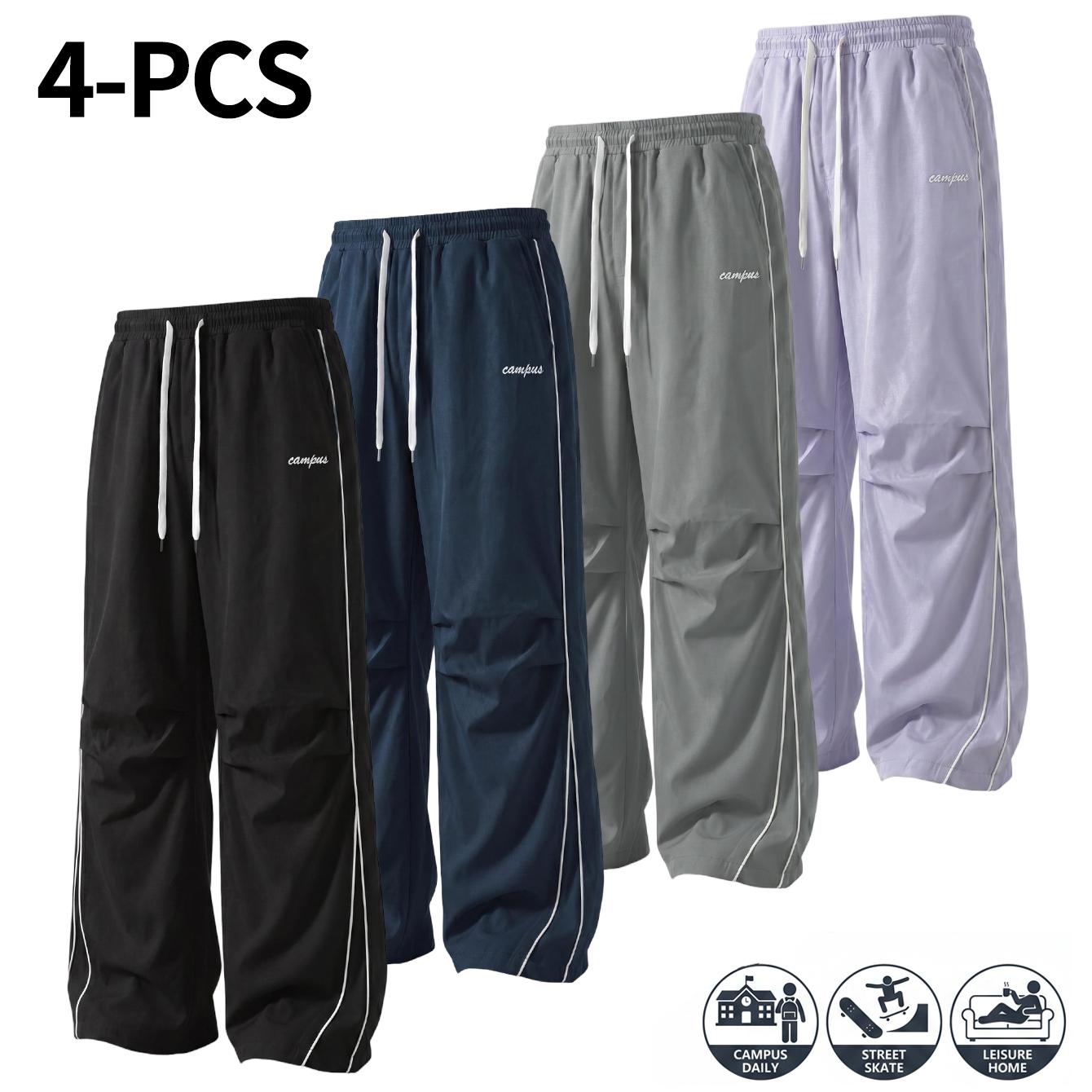 4-Pack American High Street Style Men&rsquo;s Athletic Joggers &ndash; Comfortable, skin-friendly fabric men&rsquo;s wide-leg pants featuring side seams and exposed stitching, plus knee pleats for a relaxed, effortless look; suitable for both men and women and ideal for an