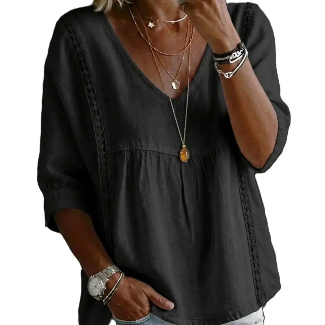 Stylish Loose-Fit V-Neck Lace Women's Top