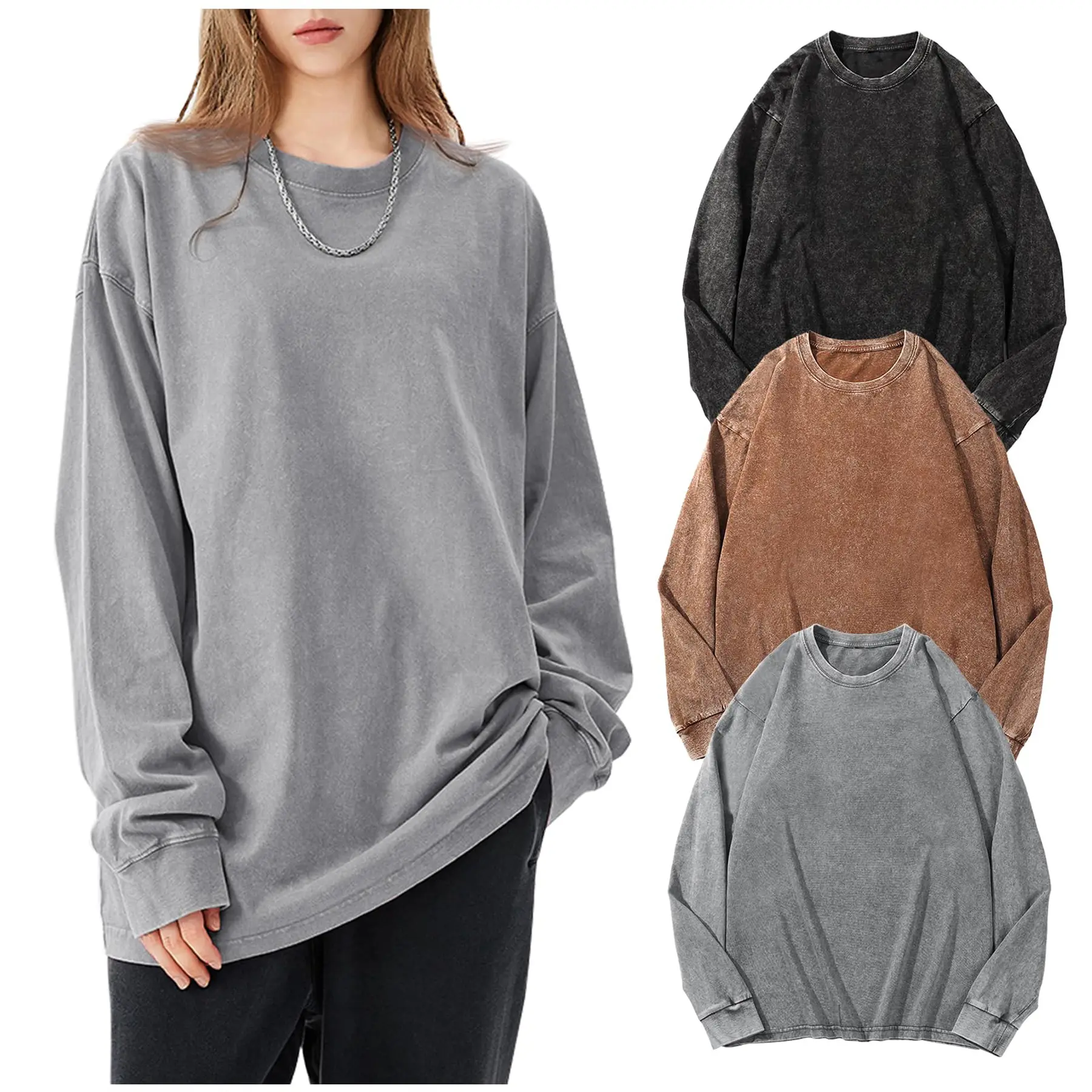 Unisex Long-Sleeve Acid-Wash Cotton T-Shirt