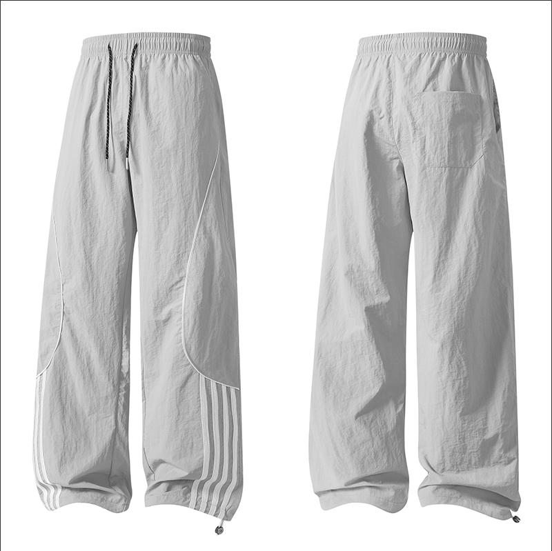 Men's Loose-Fit Wide-Leg Nylon Casual Pants - Printed Graphical Stripes, Drawstring Elastic Waist, Utility Pockets, Cool Breathable, All-Season Streetwear Clothing for Everyday Wear, Basketball, Wide-Leg Trousers