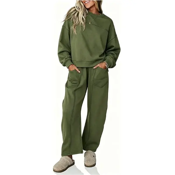 Fisoew Womens 2 Piece Contrast Seams Tracksuit Set Long Sleeve Crew Neck Cropped Sweatshirt & Relaxed Wide Leg Pocket Sweatpants Casual Loungewear, 2 Piece Sets, Women 2 Piece Sets