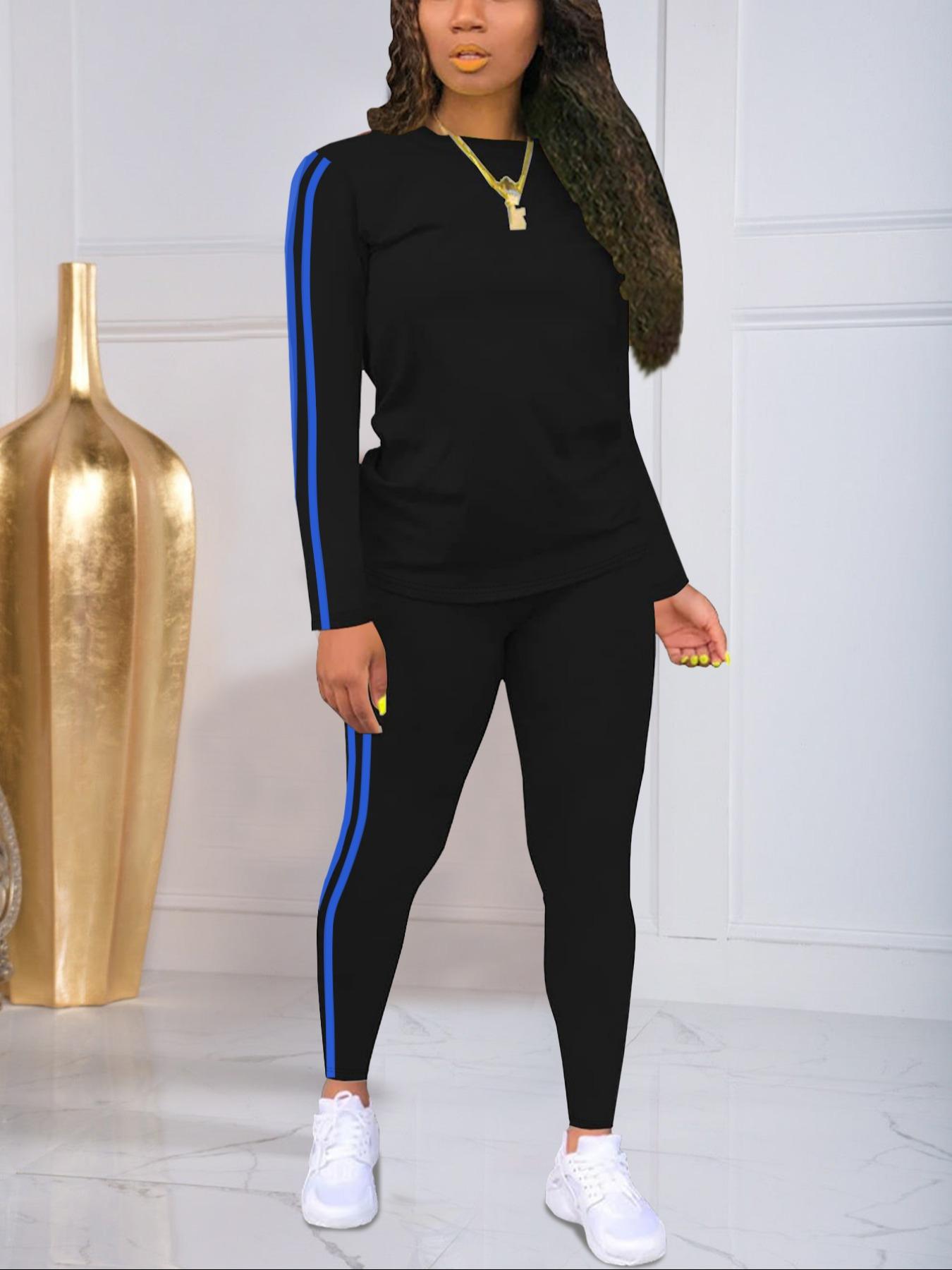Women's Striped Print Fitted Long Sleeve Knitted Top & Pants Two-piece Set, Casual Style Set Cozy Round Neck Top & Trousers for Daily Outdoor Wear, Ladies Clothes for Spring, Everyday Womenswear Sweater Pant Set Outfit Women's Striped Print Fitted Long Sleeve Knitted Top & Pants Two-piece Set, Casual Style Set Cozy Round Neck Top & Trousers for Daily Outdoor Wear, Ladies Clothes for Spring, Everyday Womenswear Sweater Pant Set Outfit