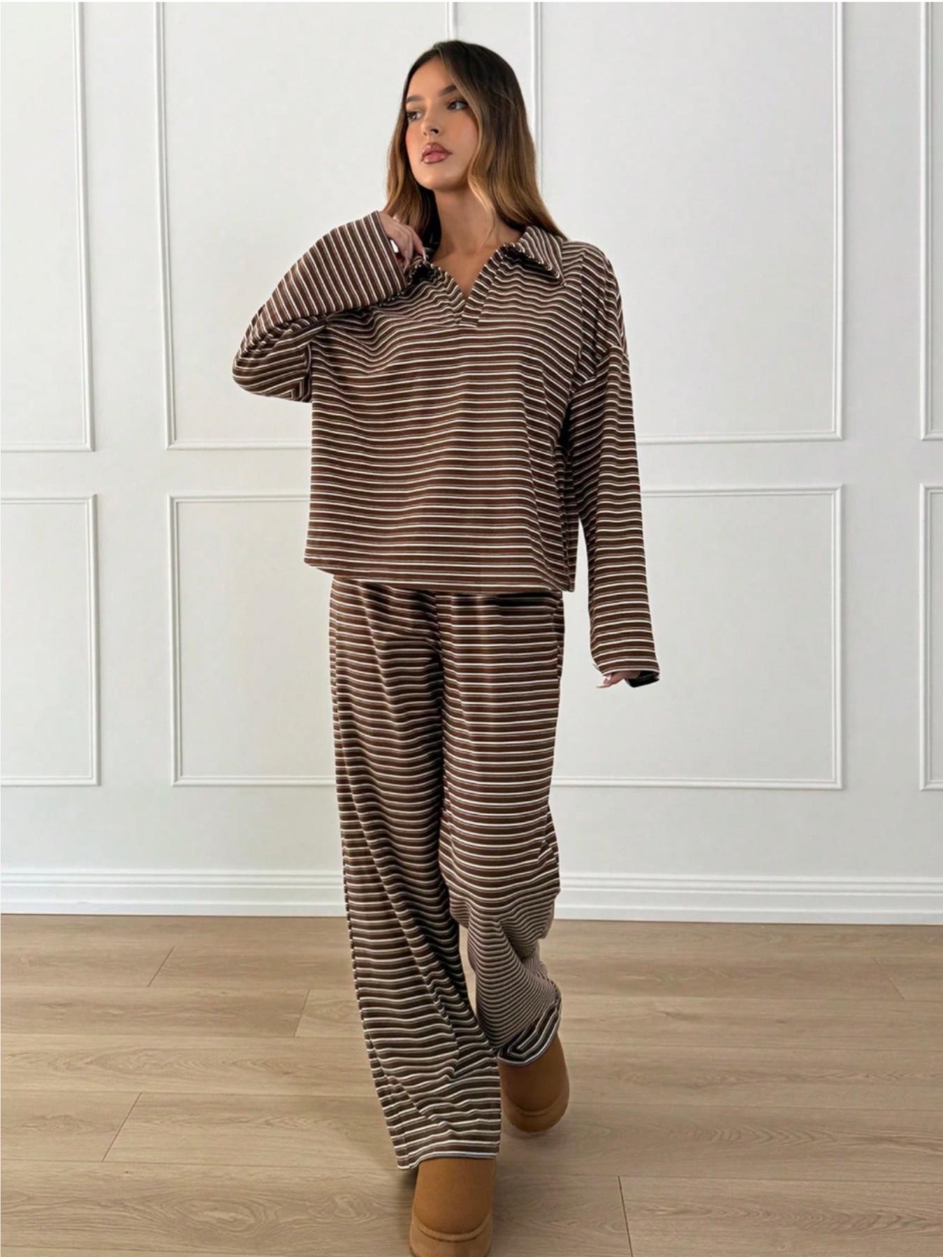 Women's 2pcs Set Loose Striped V-Neck Drop Shoulder Long Sleeve T-Shirt &Elastic Waist Striped Pants, Brown, Casual Sets For Women, Pajamas Set, Loungewear, Casual Sets For Women Brown Two Piece Set Women