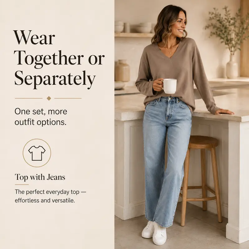 Women's Casual Two-Piece Set (V-Neck Top + Wide-Leg Pants)