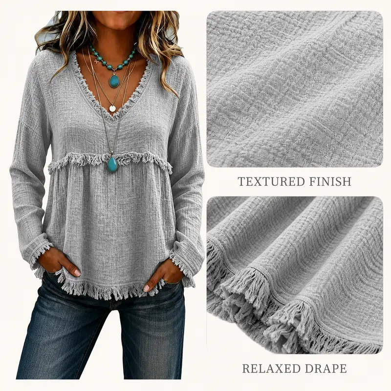 Women's Bohemian V-Neck Long-Sleeve Tassel Top