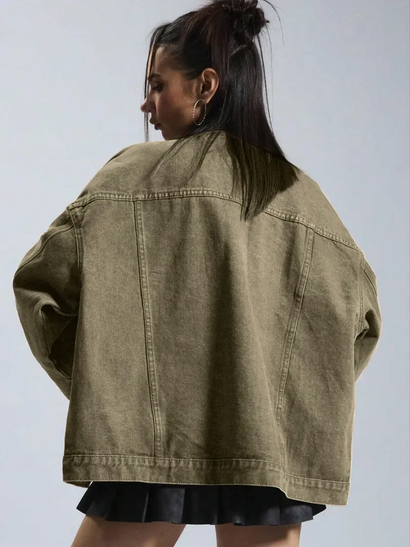 Women's Solid-Color Button-Front Slim-Fit Denim Jacket with Drop Shoulders