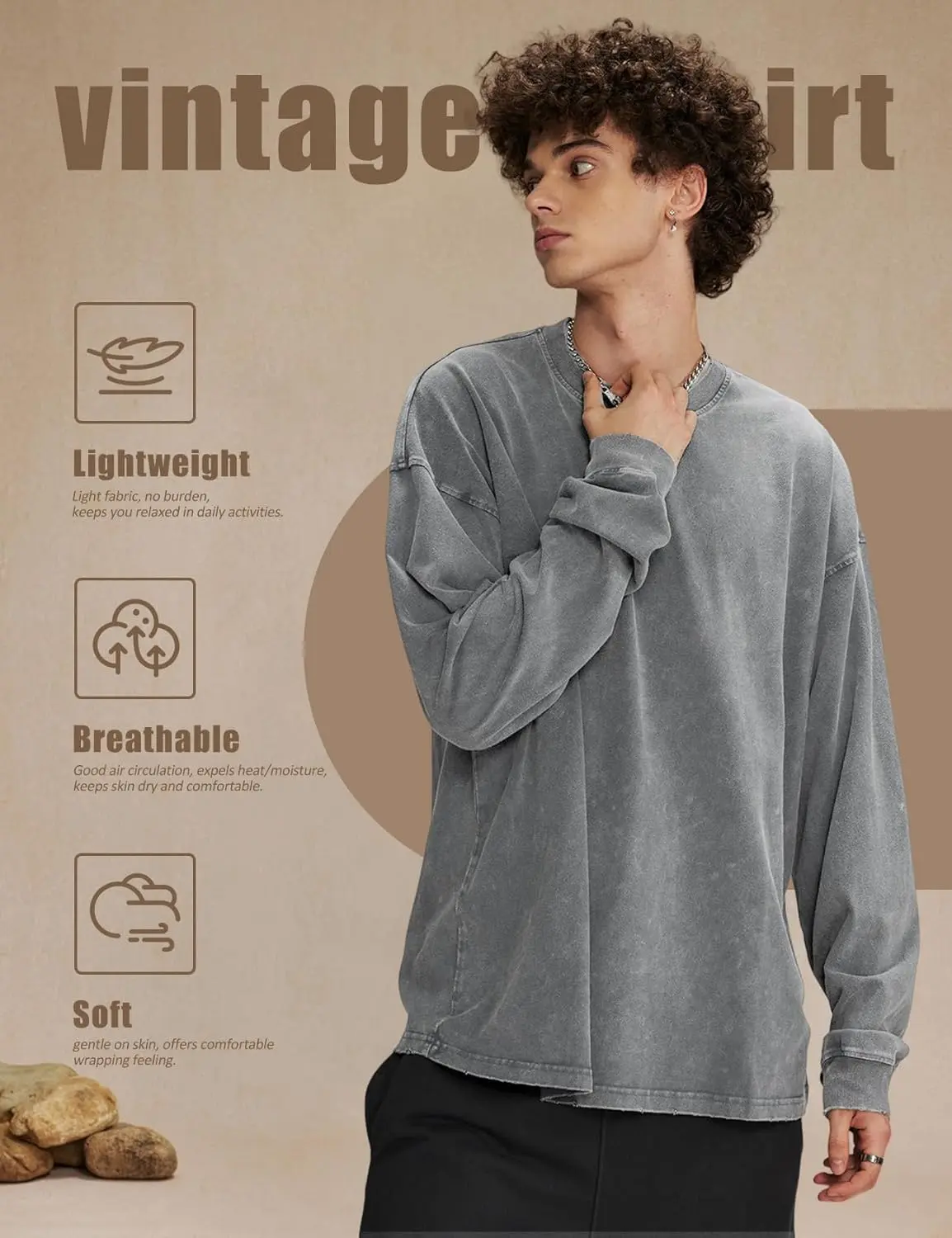 Unisex Long-Sleeve Acid-Wash Cotton T-Shirt