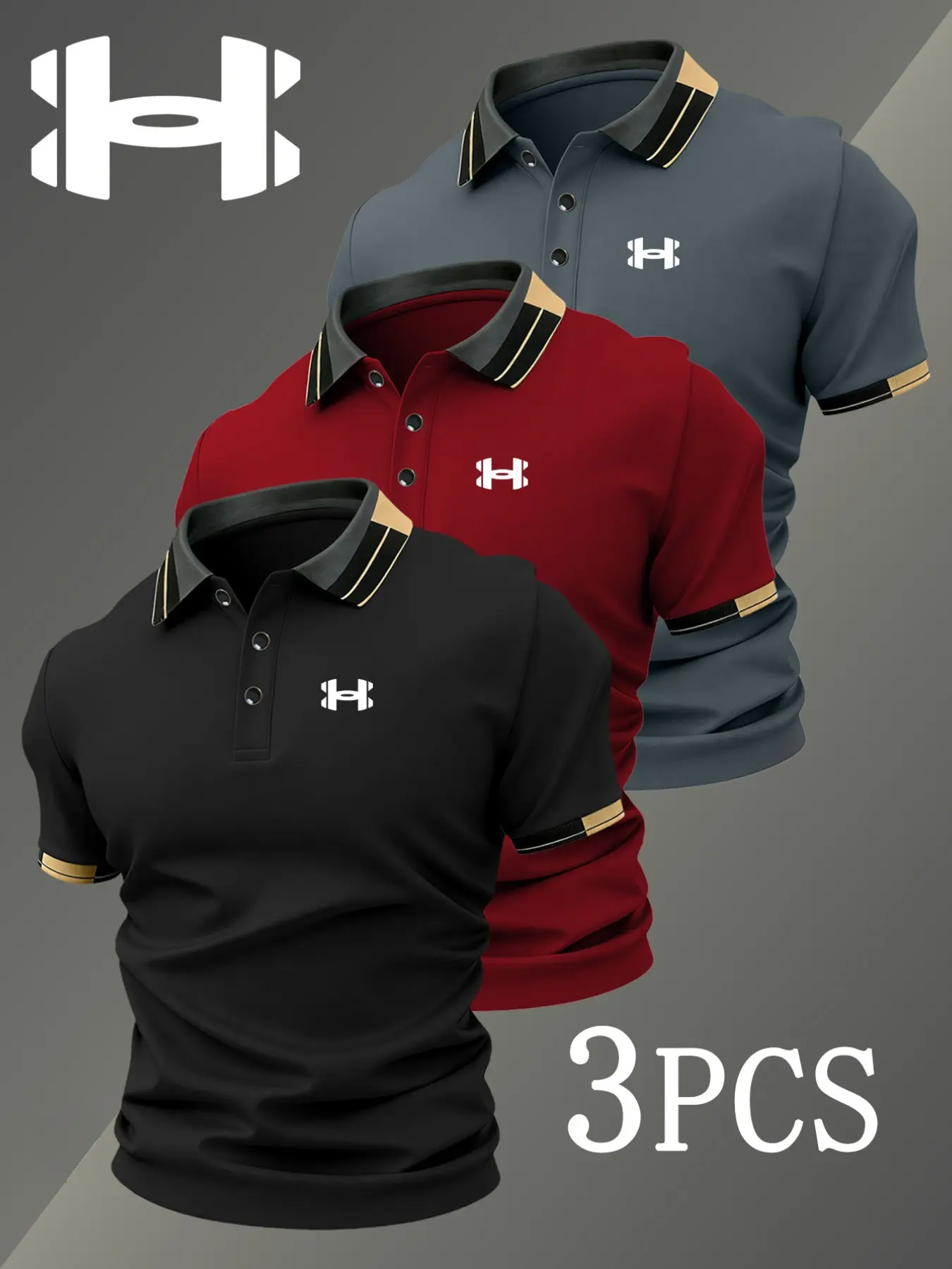 Men's Golf Polo Shirts Set with Logo Print and Geometric Pattern