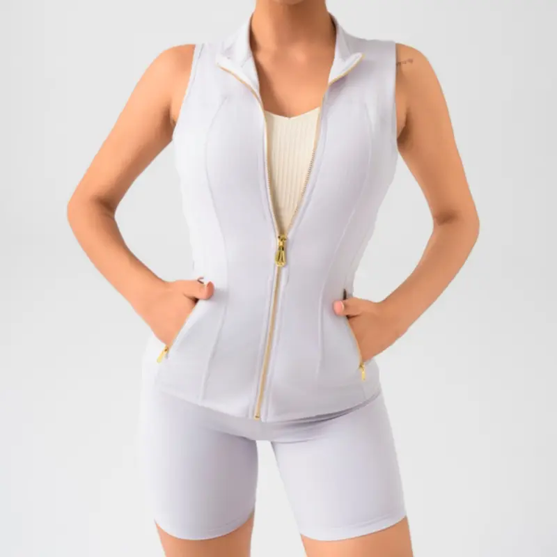Women's Minimalist Gold-Zip Vest and Slim-Fit Knee-Length Shorts Two-Piece Set