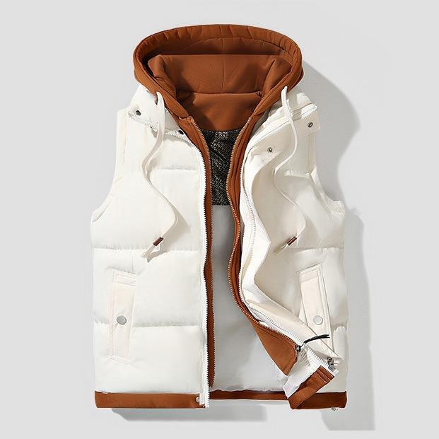 Autumn And Winter Couple Hooded Warm Vest, Fashionable Fake Two-Piece Design, Warm Polyester Fiber, Machine Washable, Winter Warmth, Outdoor Casual, Thickened, Couples, Jacket