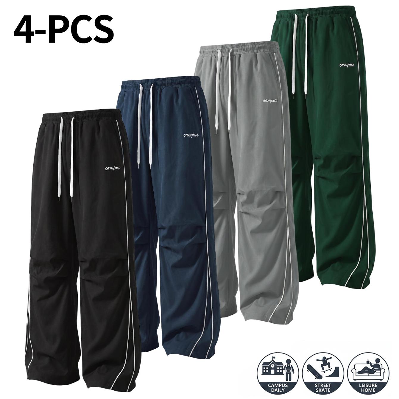 4-Pack American High Street Style Men&rsquo;s Athletic Joggers &ndash; Comfortable, skin-friendly fabric men&rsquo;s wide-leg pants featuring side seams and exposed stitching, plus knee pleats for a relaxed, effortless look; suitable for both men and women and ideal for an