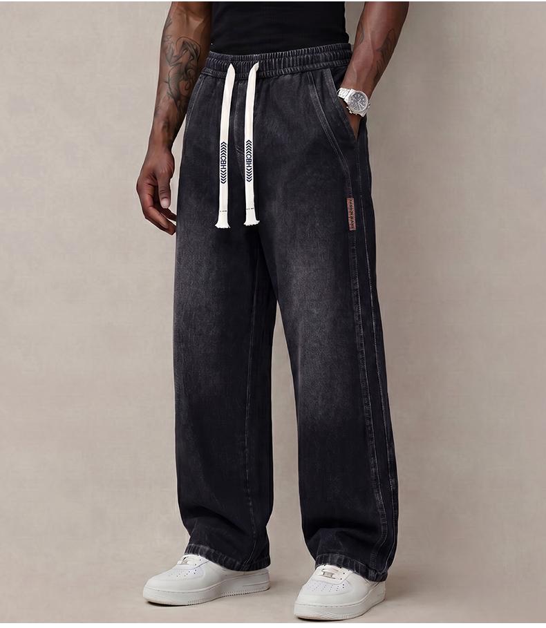 Men&rsquo;s jeans made from stretchy cotton&mdash;comfortable and stylish. Loose fit for everyday wear; long pants with a drawstring elastic waistband design for men.