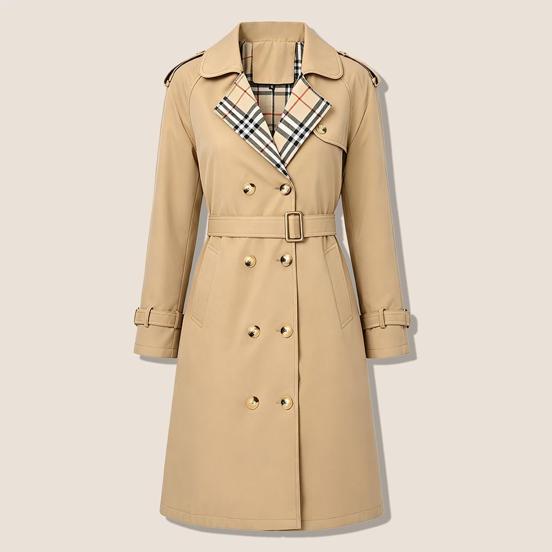 Women&rsquo;s fashion trench coat &ndash; double-breasted long design with a turn-down collar and plaid lining, featuring a waist belt for cinching; classic British-style outerwear suitable for everyday commuting, office wear, travel, and dates. sohochic