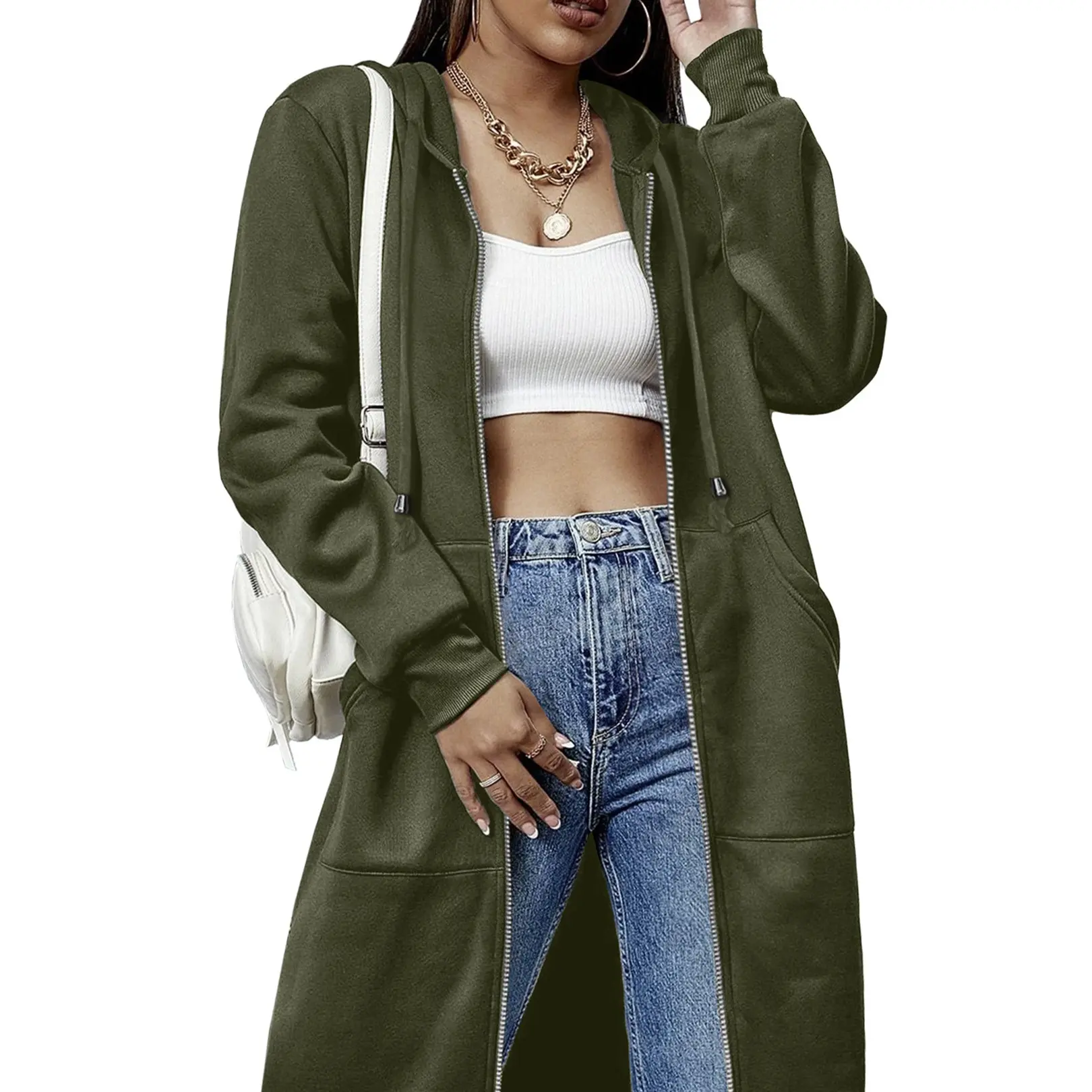 Women's Casual Long-Length Zip-Up Fleece Hoodie/Jacket