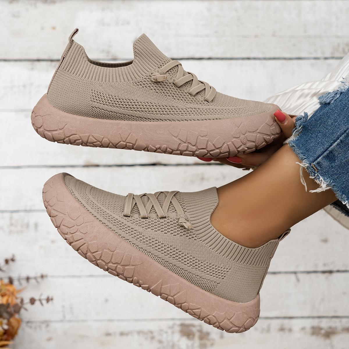 Women's Flyknit Breathable Slip-On Casual Rubber Shoes, Thick-Sole Anti-Slip Walking Flats, Multi-Color Options for Spring Footwear