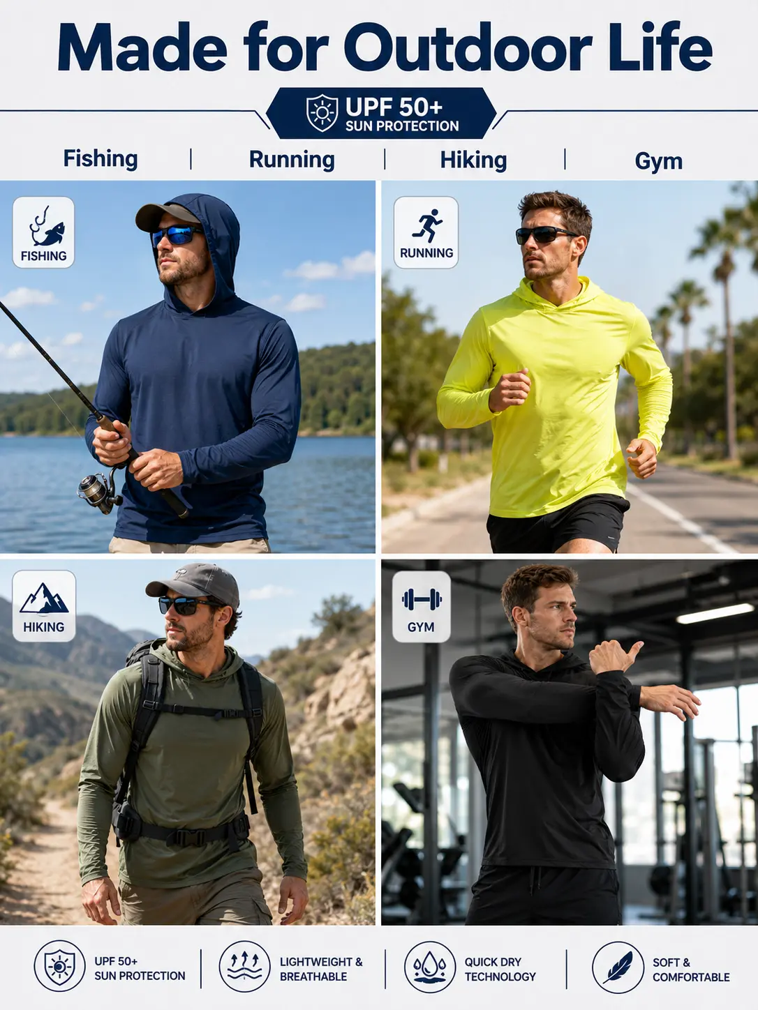 Men UPF 50+ Sun Protection Hoodie Long Sleeve T-Shirt